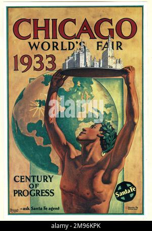 Poster design, Chicago World's Fair 1933, con una figura classica con le braccia sollevate, in possesso di un modello della città. Foto Stock