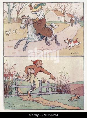 Stanza dei bambini Rhymes -- due illustrazioni. Sopra -- una donna su un cavallo di fuga. Sotto -- Figlio di Tom il Piper rubare un maiale. Foto Stock