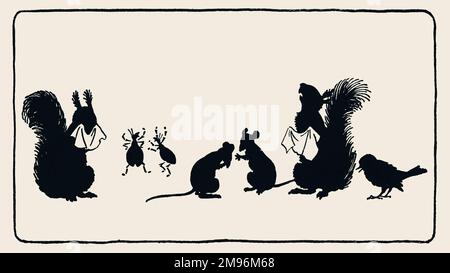 Tickety Tock Silhouette Illustrazione -- scoiattoli, topi, insetti e un uccello. Foto Stock