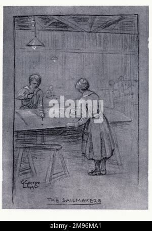 Illustrazione, otto mesi con l'aeronautica reale delle donne. Mostrare le donne al lavoro fare vele per le ali di aeroplano. Foto Stock