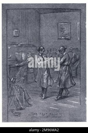 Illustrazione, otto mesi con l'aeronautica reale delle donne. Mostrando le donne che si rilassano nella Rest Room -- due stanno ballando, un'altra sta suonando il pianoforte. Foto Stock