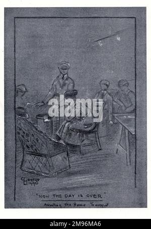 Illustrazione, otto mesi con l'aeronautica reale delle donne. Mostrando le donne che si rilassano, in attesa di trasporto a casa alla fine della giornata -- ora la giornata è finita. Foto Stock