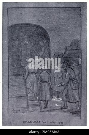 Illustrazione, otto mesi con l'aeronautica reale delle donne. Mostrando alle donne che entrano nella parte posteriore di un camion -- imbarco, inverno. Foto Stock