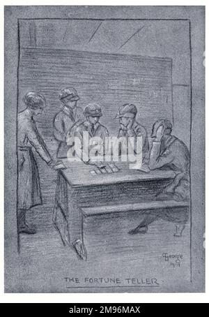 Illustrazione, otto mesi con l'aeronautica reale delle donne. Mostrare quattro donne che consultano un collega del Fortune Teller, con le schede disposte sul tavolo. Foto Stock