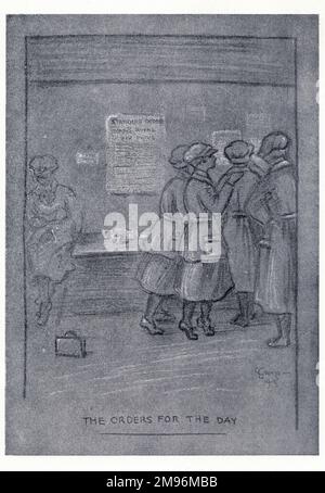 Illustrazione, otto mesi con l'aeronautica reale delle donne. Mostrare un gruppo di donne che legge un avviso sulla parete per scoprire quali sono gli ordini per il giorno. Foto Stock