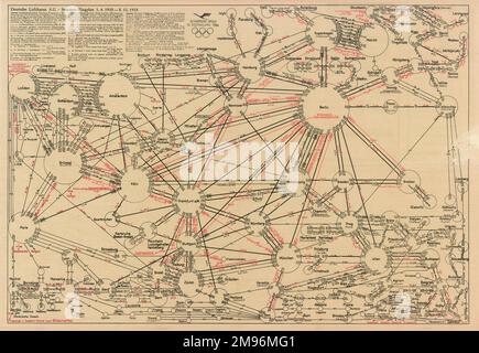 Poster, Deutsche Lufthansa AG, che mostra i voli estivi per le città europee dal 1 aprile al 5 ottobre 1935. Foto Stock
