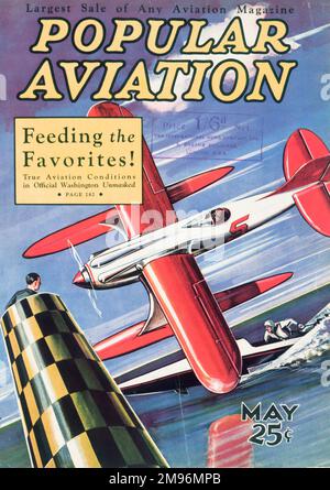 Cover design, popolare Aviation Magazine, che mostra un aereo rosso e bianco che corre un motoscafo. Foto Stock
