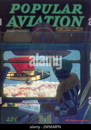 Cover design, popolare Aviation Magazine, che mostra una donna che sventolano ai passeggeri in un aereo nelle vicinanze. Foto Stock