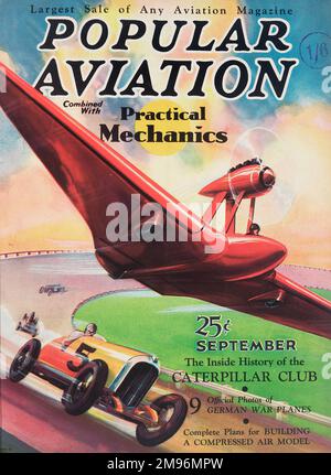 Cover design, popolare Aviation Magazine combinato con la meccanica pratica, mostrando auto da corsa su un circuito con un futuristico aereo rosso che sorvola. Foto Stock