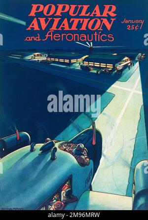 Cover design, Popular Aviation and Aeronautics Magazine, che mostra un aereo passeggeri che arriva a terra in un aeroporto di notte. Foto Stock