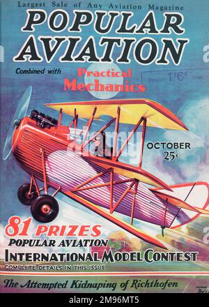 Cover design, popolare Aviation Magazine combinato con la meccanica pratica, mostrando un pilota decollo da un campo d'aviazione in un biplano colorato. Foto Stock