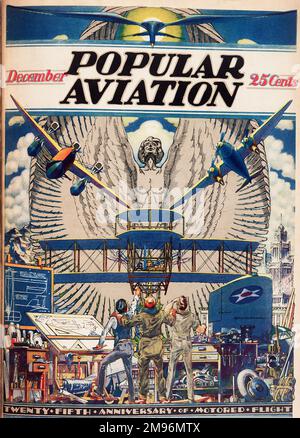 Cover design, Popular Aviation Magazine, che mostra tre disegnatori con i loro disegni, guardando in su in meraviglia per le loro invenzioni, per commemorare il 25th ° anniversario di volo a motore. Foto Stock