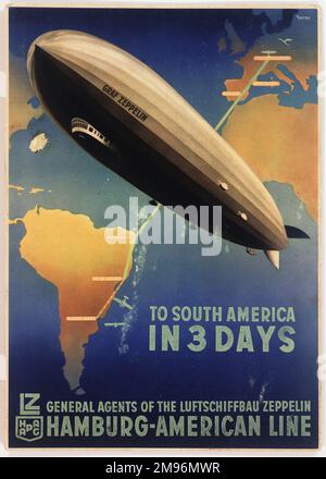 Manifesto pubblicitario il servizio di nave aerea tedesca Zeppelin Hamburg-American Line, LZ 127 Graf Zeppelin da Friedrichshafen, Germania, a Buenos Aires, Argentina. Foto Stock