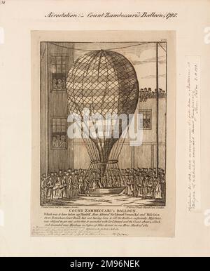 Contare il pallone di Zambeccari che mostra Miss Grice dover smontare in modo che il carico utile sarà abbastanza leggero per consentire il volo da Tottenham Court Road. L'equipaggio ridotto consisteva nel conte Zambeccari e nell'ammiraglio posteriore Sir Edward Vernon. Scesero vicino a Horsham, Sussex, a 36 miglia di distanza. Foto Stock