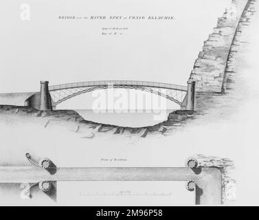 Un disegno tecnico dello spettacolare ponte Craig Ellachie sul fiume Spey nel nord-est della Scozia. Il ponte fu costruito tra il 1812 e il 1814. Foto Stock