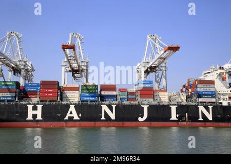 Terminale contenitore. Scaricare una lumaca. Le Havre. Alta Normandia. Senna Marittima. Francia. Europa. Foto Stock