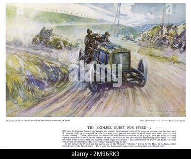 Poster Autocar -- Thery alla guida di una vettura Richard-Brasier per vincere la gara di Gordon Bennett per la Francia. Visto qui dopo il sorpasso di un Beetle Wolseley guidato da C S Rolls per il team britannico. Foto Stock