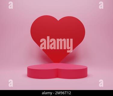 Scena di mockup astratta per la presentazione del prodotto. Un piedistallo a forma di cuore per San Valentino per i servizi pubblicitari. Rendering 3D. Foto Stock