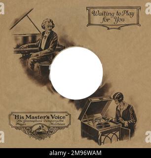 Una copertina per l'etichetta musicale His Master's Voice, con un'illustrazione che mostra una donna che sta per suonare un disco sul suo grammofono. Senza dubbio ascolterà il recital del pianoforte dato dall'uomo seduto al pianoforte a coda nell'illustrazione in alto. Foto Stock