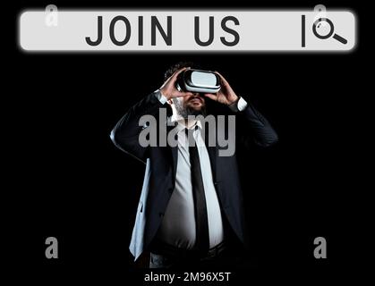 Mostra segni Unisciti a noi. Word for Register in Community Team o blog Iscriviti ai social media Foto Stock