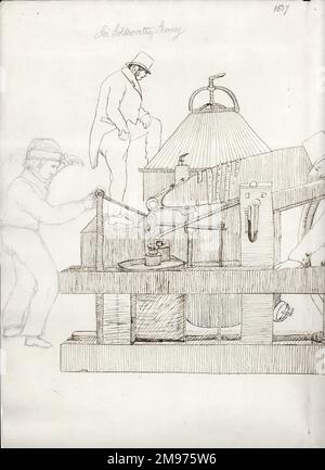 Air Engine di Cayley si è presentato alla Brew House di Brompton, mostrando Wadeson e Vick, i suoi meccanici, Sir Goldsworthy Gurney, Sir George Cayley e Edward Cayley, deputato. Foto Stock