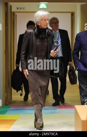 Bruxelles, Belgio. 16th Jan, 2023. Christine Lagarde, presidente della Banca centrale europea, partecipa a una riunione dell'Eurogruppo a Bruxelles (Belgio), 16 gennaio 2023. Credit: Zheng Huansong/Xinhua/Alamy Live News Foto Stock