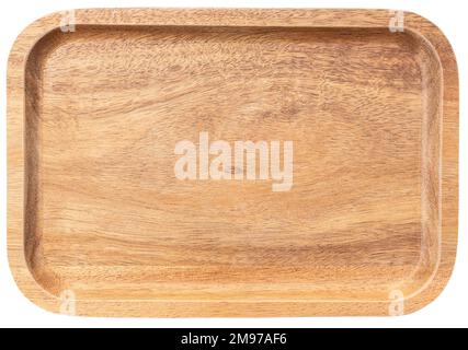 Piatto o vassoio rettangolare di legno vuoto isolato su sfondo bianco. Vista dall'alto Foto Stock