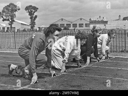 Quattro atleti donne sulla linea di partenza in una pista sportiva. Foto Stock