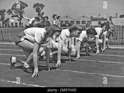 Cinque atlete sulla linea di partenza in una pista sportiva, con gli spettatori sullo sfondo. Foto Stock