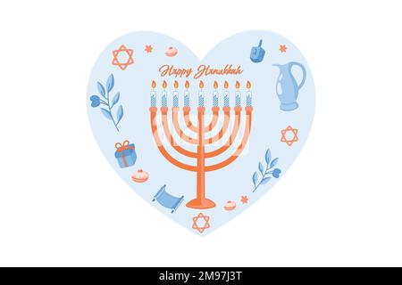 Illustrazioni vettoriali di simboli famosi per la festa ebraica Hanukkah, disegno vettoriale piatto moderno Illustrazione Vettoriale