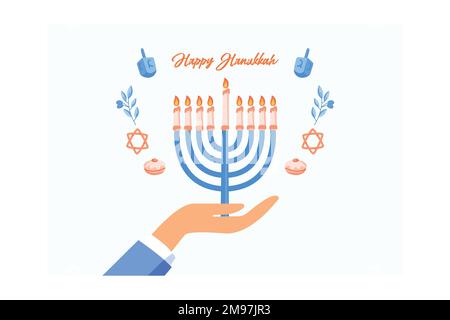 Hanukkah menorah. Felice vacanza ebraica hanukkah, concetto. Uomo ebreo che tiene in mano il menorah con le candele, isolato su fondo bianco. Celebrità religiose Illustrazione Vettoriale