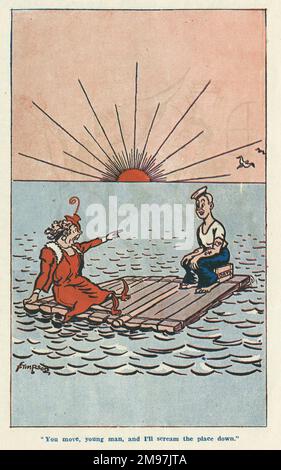 Cartone animato nella risata esso fuori annuale -- vi muovete, giovane uomo e griderò il posto giù. Una donna di mezza età non molto attraente minaccia un marinaio scioccato mentre si siedono su una zattera dopo un naufragio, mentre il sole tramonta sullo sfondo. Foto Stock