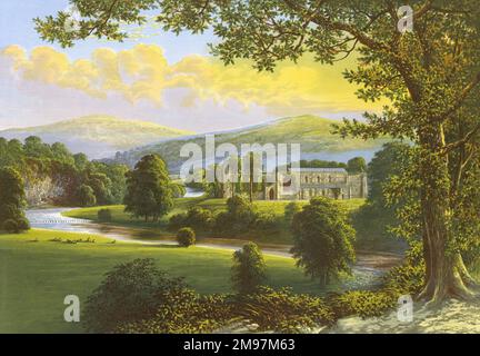 Vista sulle rovine del Priorato di Bolton (Agostiniano), a Wharfedale, North Yorkshire. Foto Stock