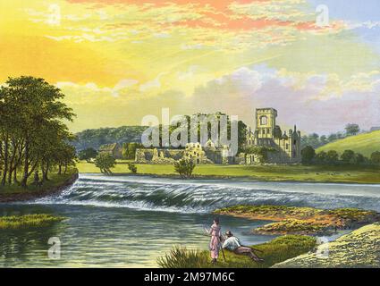 Vista sulle rovine dell'Abbazia di Kirkstall (cistercense), vicino a Leeds, West Yorkshire. Foto Stock