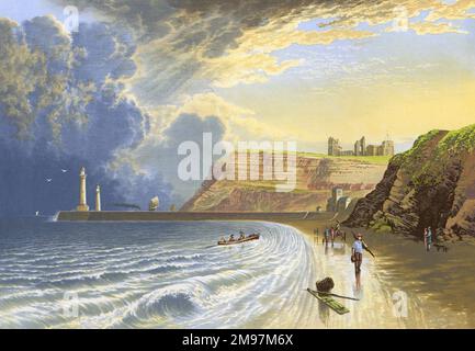 Vista sulle rovine di Whitby Abbey (Benedettine), a Whitby, North Yorkshire. Foto Stock