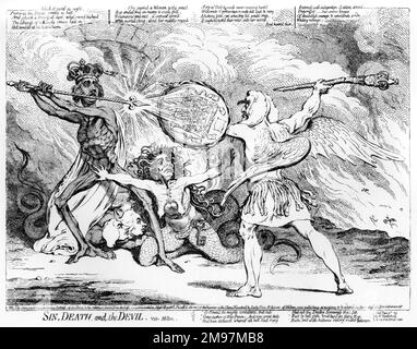 Cartone animato, peccato, morte, e il diavolo, vide Milton, Di James Gillray. Parodia di una scena del poema epico di John Milton, Paradise Lost, che mostra il primo ministro William Pitt (a sinistra) come morte, indossando la corona del re, il cancelliere Edward Thurlow (a destra) come Satana, e la regina Charlotte (al centro) come peccato. Dietro i piedi di Pitt c'è il cane a tre teste, Cerberus, con le facce di Dundas, Grenville e Richmond. Foto Stock