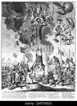 Cartone animato, Assedio de la colonne de Pompee [colonna di Pompeo, una colonna trionfale romana], Scienza nella colonna, di James Gillray. Mostrando turchi e beduini alla base di un'alta colonna corinzia, in cima alla quale si trova un gruppo di francesi terrorizzati (uno dei quali forse è Napoleone). Gli arabi hanno acceso un fuoco alla base della colonna. Una rappresentazione satirica di un incidente avvenuto ad Alessandria, Egitto, nel 1798. Foto Stock