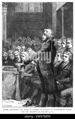 Edmund Burke parla alla Camera dei Comuni a sostegno della proposta di William Wilberforce per l'abolizione della schiavitù. Foto Stock