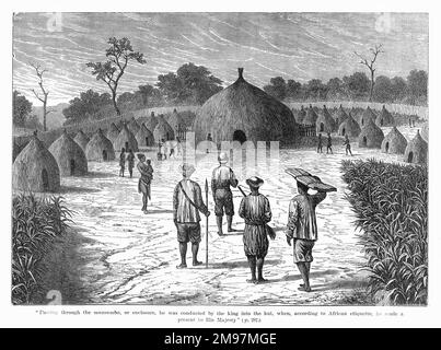 Verney Lovett Cameron (1844-1894), viaggiatore in Africa Centrale, il primo europeo a attraversare l'Africa equatoriale da costa a costa. Visto qui avvicinarsi alla capanna di Kasonga, un re locale che ha ritardato il suo progresso per diverse settimane. Foto Stock