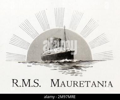 Il Cunard British Line Ocean Liner RMS Mauretania navigando attraverso l'Oceano Atlantico con un sole stilizzato alle sue spalle. Foto Stock