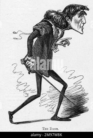 Cartoon dell'attore e attore-direttore inglese Sir Henry Irving (1838-1905) come Hamlet -- The Dane. Foto Stock