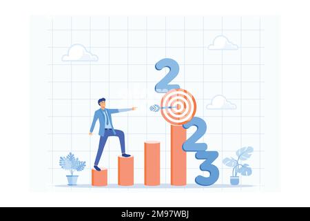 determinare gli obiettivi aziendali per il 2023. un imprenditore analizza e definisce le strategie per sviluppare o migliorare le prestazioni aziendali. buon anno 2023, Illustrazione Vettoriale