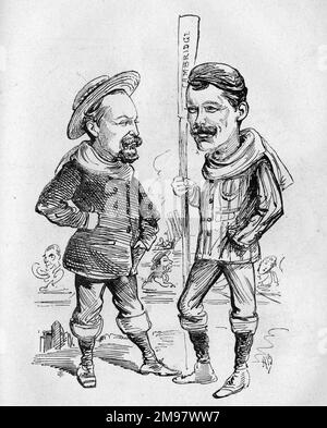 Cartoon di Jennings e Riley, vogatori degli equipaggi di Oxford e Cambridge. La 39th Boat Race si è svolta il 1 aprile 1882. Foto Stock