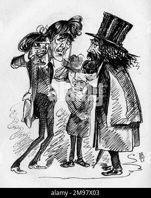 Cartoon, Henry Irving (1838-1905) e Alfred Tennyson (1809-1892). 'La Coppa sarà prodotta lunedì. Speriamo che ci sia qualcosa in esso”. L'opera, scritta da Tennyson dopo una storia di Plutarch, si è tenuta al Lyceum Theatre di Londra per 130 notti. Foto Stock