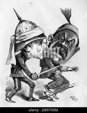 Cartoon di Sir Garnet Joseph Wolseley (1833-1913), comandante dell'esercito britannico, e Ahmad Arabi (Ahmed ‘Urabi o Orabi, Arabi Pasha, 1841-1911), leader dell'esercito egiziano. Visto qui durante la guerra anglo-egiziana del 1882. Foto Stock
