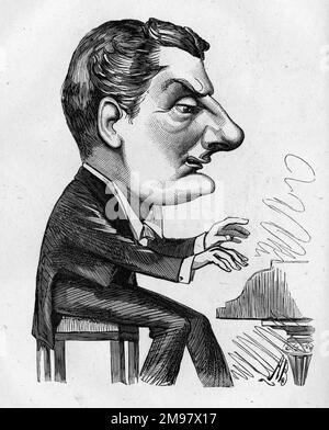 Caricatura di Richard Corney Grain (1844-1895), intrattenitore e cantautore, visto qui al pianoforte. Foto Stock