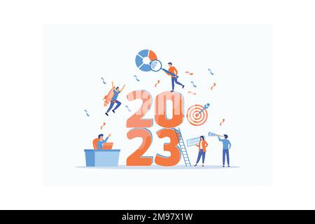 Felice anno nuovo 2023, businessman tenere lente d'ingrandimento, controllare grafici e diagrammi, volare su razzo e alla ricerca di nuove opportunità per il nuovo anno, Fla Illustrazione Vettoriale