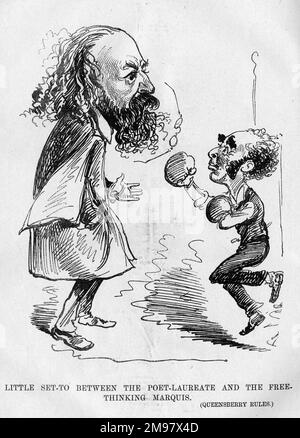 Cartoon di Alfred, Lord Tennyson (1809-1892), poeta Laureate, e John Sholto Douglas, 9th Marchese di Queensberry (1844-1900). La Marchese aveva espulso dal Globe Theatre di Londra, per aver interrotto fortemente l'esecuzione di un'opera di Tennyson, la promessa di maggio, per motivi secolaristi, sgradendo il fatto che il criminale dell'opera fosse un ateo. Foto Stock