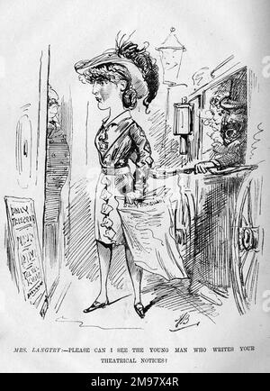 Caricatura di Lillie Langtry (Emilie Charlotte le Breton, 1853-1929), attrice e produttore. Visto qui fuori dall'ufficio Daily Telegraph, che vuole parlare con il loro critico teatrale. I suoi sostenitori, Henry Labouchere e Henrietta Hodson, guardano da una finestra a carrozza aperta. Una coy intervista con 'The Jersey Lily' è apparsa infatti nel Daily Telegraph il 3 ottobre 1882. Foto Stock