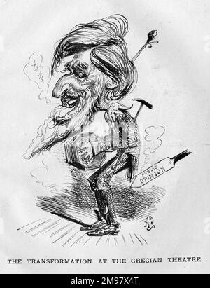 Caricatura di William Booth (1829-1912), fondatore dell'Esercito della salvezza -- la trasformazione al Teatro Greco. Un commento satirico sulla sua recente acquisizione della sede nel nord di Londra, che un tempo era un luogo di mangiare, bere e intrattenimento. Foto Stock